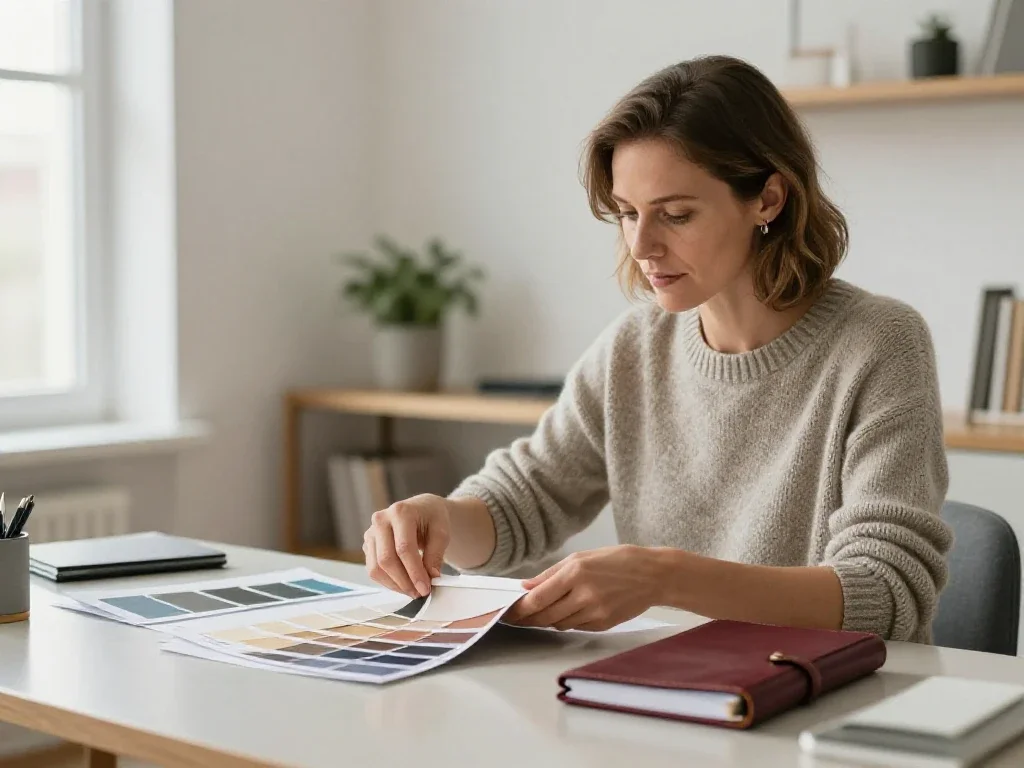 Une professionnelle française organise des documents et un carnet pour un projet non classé.