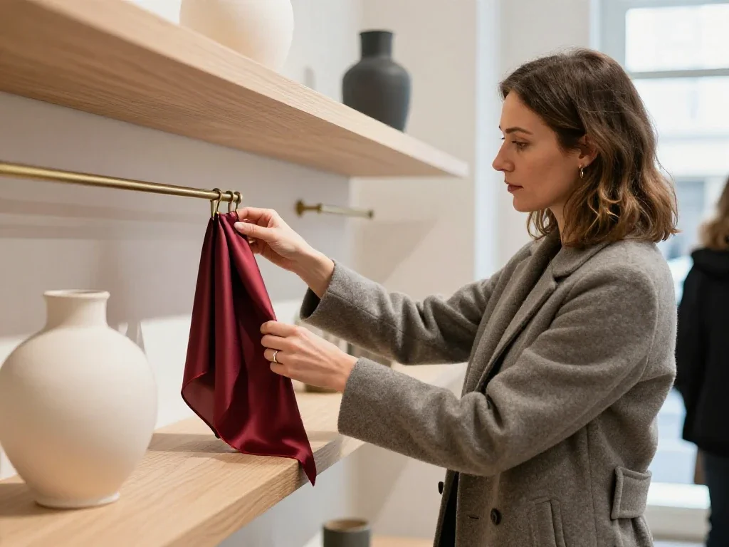 Une cliente française examine des articles de mode dans une boutique élégante et lumineuse.