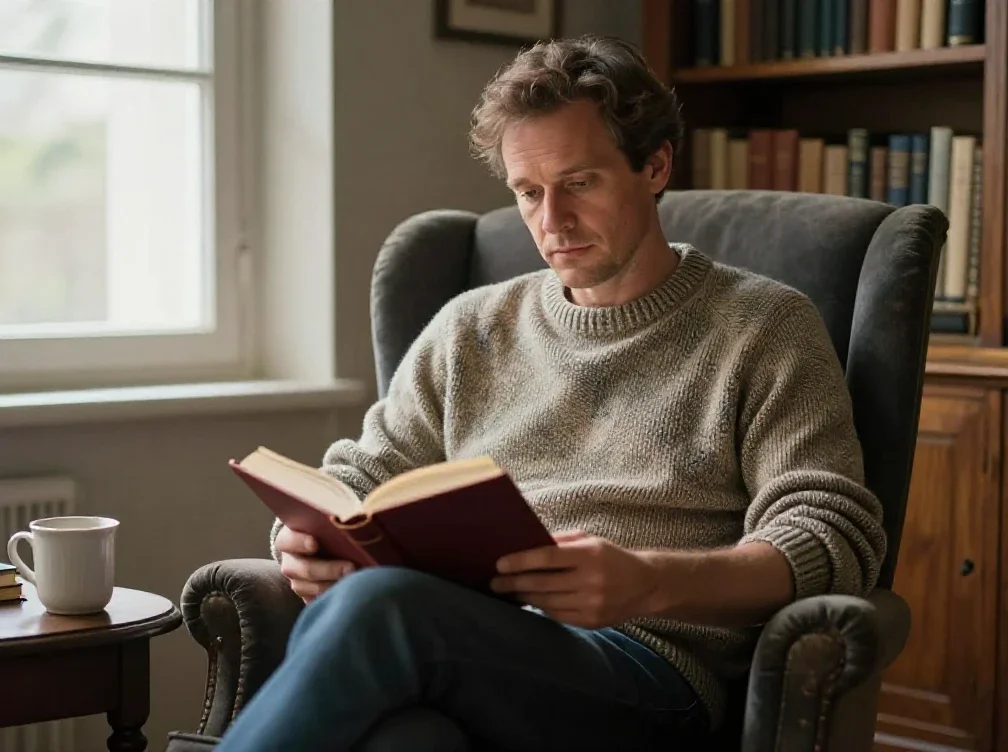 Un homme parcourt un livre dans un intérieur calme pour apprendre sans se presser.
